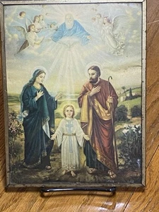 VTG Framed Print Jesus Holy Family Angels Trinity Convex Glass 8”x6” - Picture 1 of 6