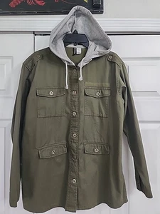 Divided H&M Womens Military Style Cargo Jacket Size 12 Army Green Hooded Shacket - Picture 1 of 4