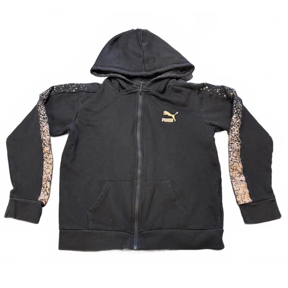 Sudadera con Capucha PUMA Kids XL (16) Cremallera Completa Negra Acentos Dorados Deportiva Atletismo Sudadera Foto 1 de 4