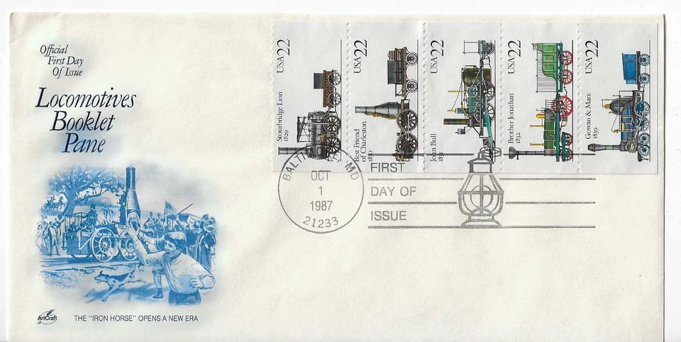 ArtCraft # 2366a Locomotives Booklet Pane of 5 on Monarch envelope - Image 1 of 1