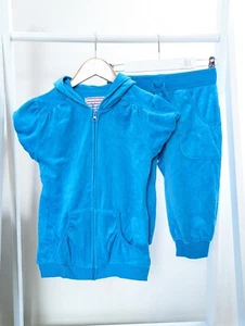Girls 12-13 Years Plain Blue Short Sleeve Cropped Leg Velour Tracksuit Clothes - Picture 1 of 6
