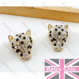 PENDIENTES RETRO Bling Cabeza de Leopardo 2.5cm TACHUELAS Cristal NEGRO & DORADO Moda PENDIENTES - Imagen 1 de 3