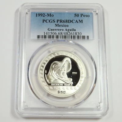 1992 Mo PCGS PR68 DCAM - Мексика - серебро Guerrero Aguila 50 песо монета #51268A - Изображение 1 из 2