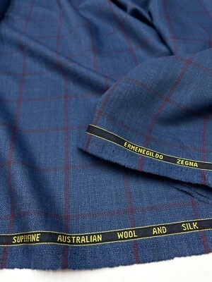 Navy Blue Wool Silk SUITING FABRIC Red Windowpane Check ERMENEGILDO ZEGNA 2.85m - Image 1 of 4