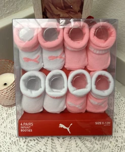 Puma Baby 4 Pk Pink White Polyester Cuffed Logo Graphic Sock Booties Set 0-12 M0 - Picture 1 of 1