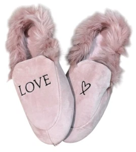Victoria Secret Soft Pink Velvet Luxe Fur Lined Slippers Angel/Heart Size M - Picture 1 of 2