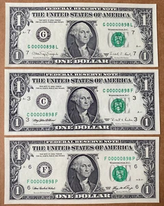 Federal Reserve 3er SET ein Dollar 1988-2006 PASSENDE NIEDRIGE Serie 00000898 UNC - Bild 1 von 1