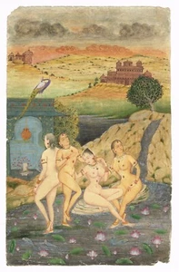 Handmade Painting Of Indian Women Bathing In The Lake To Worship Shiva 7x11 Inch - Picture 1 of 8