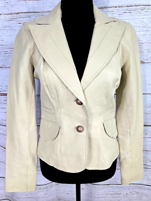 Chaqueta Blazer Para Mujer ALBERTO MAKALI Auténtica Cuero Cordero Ajustada Talla 4 Beige Foto 1 de 4