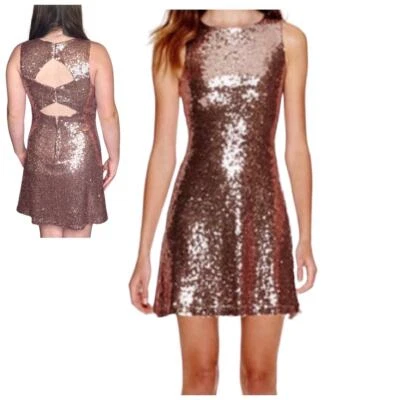 VESTIDO LANTEJOULAS Speechless ouro rosa tamanho 7 espreite um boo ajuste com zíper alargamento deslizamento mob esposa - Imagem 1 de 4