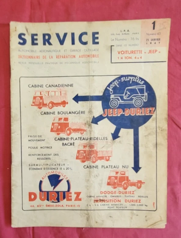 SERVICE  01-1947  ; étude  Technique   JEEP  1/4 Tonne  4x4 - Photo 1/1
