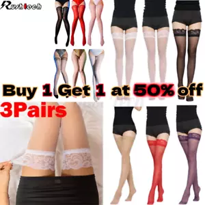 3 Pairs Lady's Lace Top Stay Up Thigh-High Stockings Womens Sexy Pantyhose Socks - Picture 1 of 33