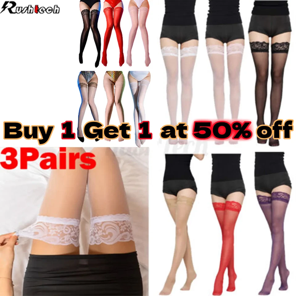 3 Pairs Lady's Lace Top Stay Up Thigh-High Stockings Womens Sexy Pantyhose Socks - Image 1 of 4