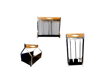 mid century modern fireplace tools log holder screen 3 pieces set restored oak - Изображение 1 из 4