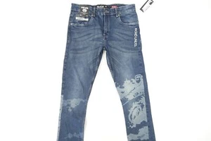 ECKO UNLTD UNLIMITED FADED DYED BLUE 34 SKINNY FIT STRETCH EMBROIDERED JEANS NEW - Picture 1 of 12