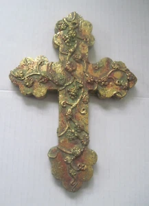 Religious Cross Gold Ceramic Grape Vines Pattern Wall Hanger 9x6.25" Vintage New - Picture 1 of 10