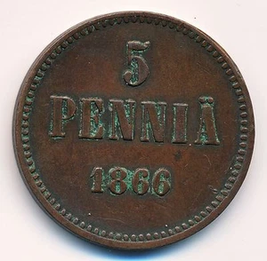 1866 Imperial Russia Finland 5 Pennia RARER YEAR COPPER COIN in Nice XF Grade - Picture 1 of 2