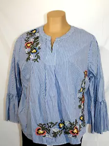 Caslon Womens Blue Striped Embroidered Bell Sleeve Peasant Blouse Plus Sz-3X - Picture 1 of 4