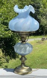 RARE Vintage Ice Blue Satin Frost Fenton Paisley Glass Table Lamp 20th C. - Picture 1 of 12