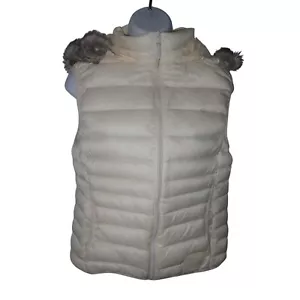 Puffa XL cream Puffer Vest Detachable Fur Trim Hood Zip Vintage waistcoat - Picture 1 of 6