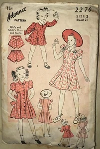 Original 1940s Advance Pattern Girl’s and Child’s Dress and Panty, Size 2, #2270 - Picture 1 of 5