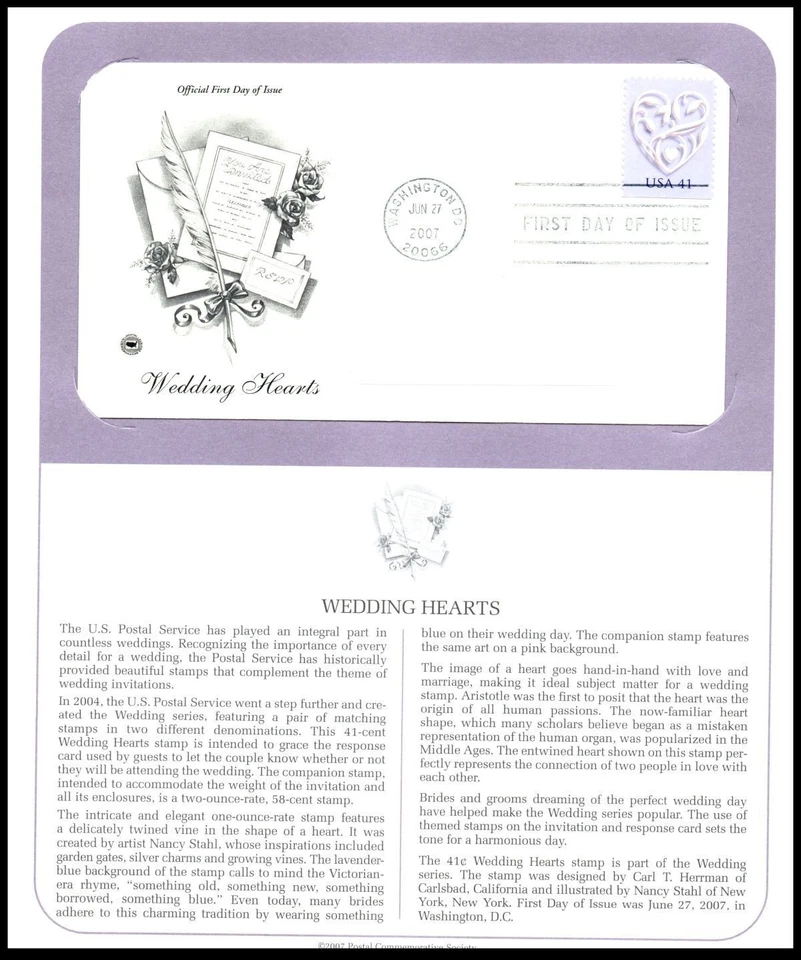 Wedding Hearts Sc 4151 FDC 2007 panel PCS, amor romance celebración matrimonio Foto 1 de 1