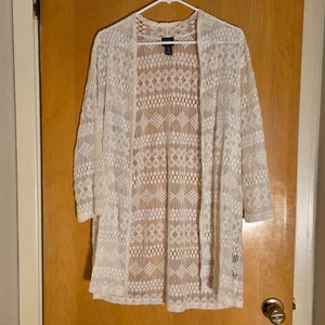 Spolverino cardigan aperto davanti Chico's Travelers in pizzo trasparente taglia XL 3 bianco - Foto 1 di 11