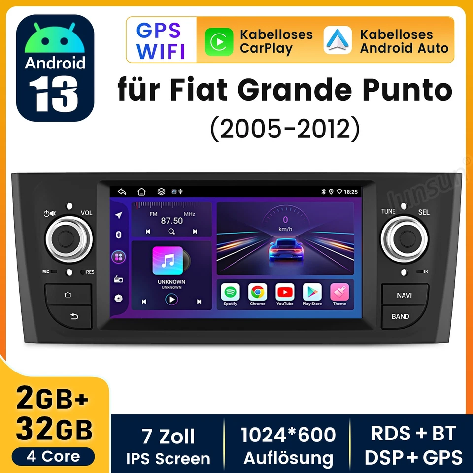 7" Android 14 Autoradio Für Fiat Grande Punto 2007-2012 Linea Apple Carplay GPS - Bild 1 von 4