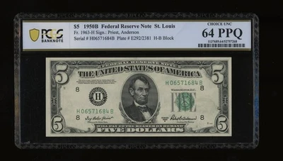 DBR 1950-B $5 FRN St.Louis Fr. 1963-H PCGS-B 64 PPQ Serial H06571684B - Image 1 of 2