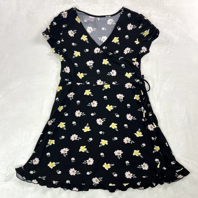 VTG No Boundaries Black Floral Faux Wrap Dress Large Ruffle Bottom 90s Whimsical - Image 1 of 4