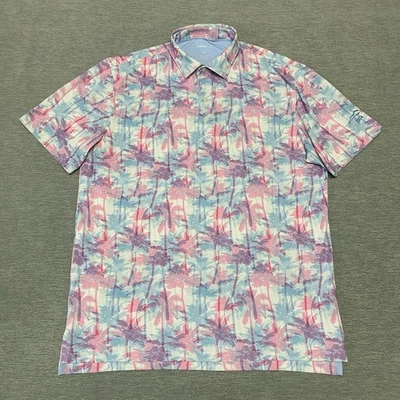 Johnnie O Polo Shirt Mens Medium Blue Pink Golf Palm Tree Floral Performance - Image 1 of 4