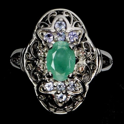 925 Sterling Silver Ring Oval Emerald 7x5mm Sapphire Tanzanite Gemstone Size 7 - Image 1 of 4