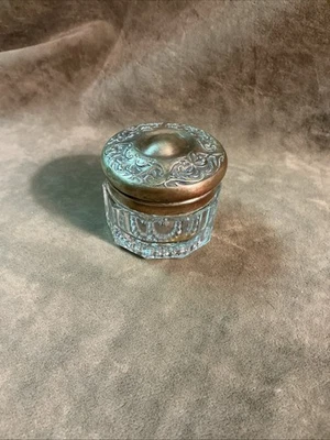 Early 1900s pressed glass jar/bottle with Brass/German silver cover/lid W/wear - Image 1 of 4