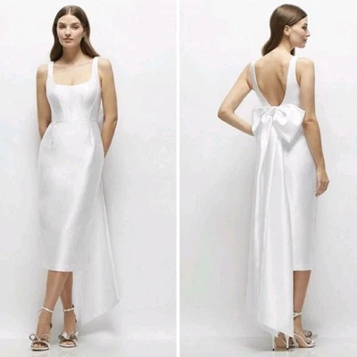 Vestido Alfred Sung Blanco Satinado Midi 12R Corsé Lazo Espalda Nuevo con Etiquetas Nupcial Formal Foto 1 de 4
