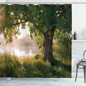 Shower Curtain Tree at Lakeside Foggy Nature Scenery Green 84 Inches Extra Long