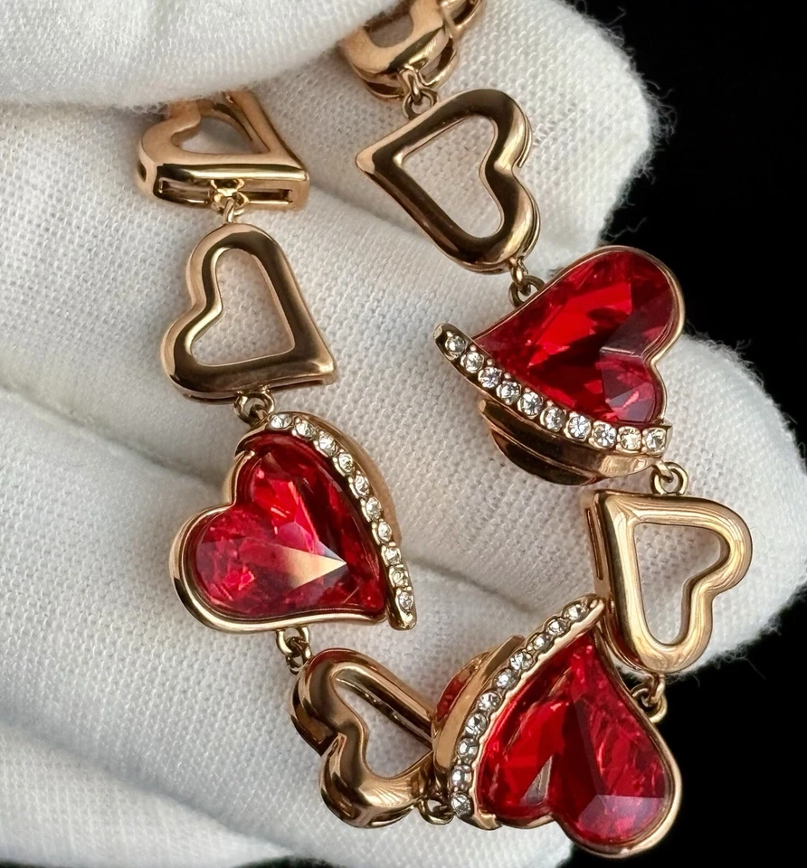 Hermosa pulsera de corazón de cristal rojo enchapada en oro rosa ajustable de 6 en 8 pulgadas para damas Foto 1 de 4