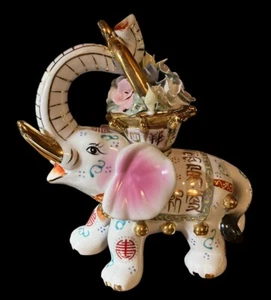 VINTAGE SATSUMA HAND PAINTED ELEPHANT WITH FLOWER BASKET SEE DESC - Picture 1 of 9