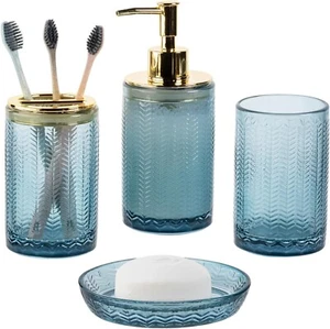 Blue Glass Bathroom Accessories Set w/ Soap Dish, Pump Dispenser, Tumbler Cup - Picture 1 of 7