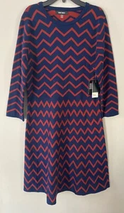 NINE WEST DARK BLUE & RED CHEVRON DESIGN LONG SLEEVE SWEATER DRESS, SIZE L -NWT! - Picture 1 of 6