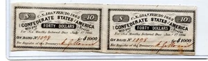 Two Uncut Confederate $40 Forty Dollars Bond Coupons 1863 ON $1000 BOND NO. 1098 - Picture 1 of 2