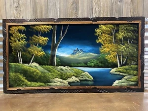 Vintage Samtmalerei Berge Wald Wasser hergestellt Hecho en Mexico 49x26 signiert - Bild 1 von 12
