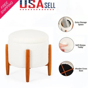 Teddy velvet Storage Ottoman White Ottoman Foot Rest Round Footstool For Bedroom - Picture 1 of 15
