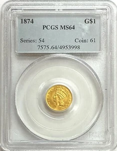 1874 GOLD US $1 DOLLAR INDIAN HEAD COIN PCGS MINT STATE 64 PQ - Picture 1 of 2