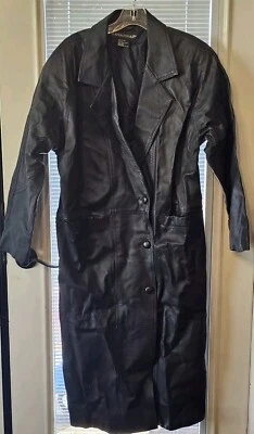 80s SAVANNAH 100% Leather Full Length Women's Medium Black Trench Coat *Read* - Image 1 of 4