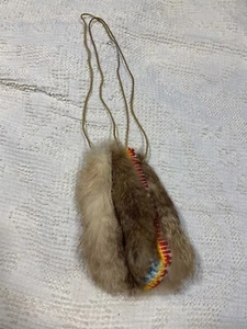 Fur Pouch Bag Leather Cord Closure Native American? Rainbow Ribbon See Condition - Picture 1 of 8