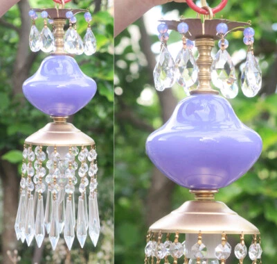 Vintage Purple amethyst Murano Glass Swag lamp brass crystal Lilac opaline beads - Image 1 of 4