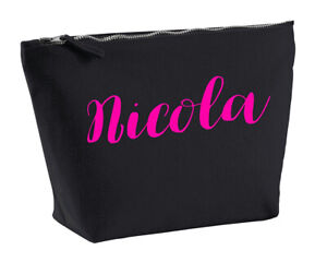 Nicola Personalised Make Up Accessory Bag In Black Colour Neon Pink Makeup