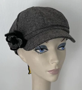 NWT! Lemon / Helen's Hats Newsboy Cap BLACK Wool Blend w Flower Trim • Lined - Picture 1 of 3