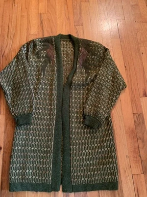 Vtg Women's Long Wool Open Front Cardigan Sweater Leather/Suede Leaf Applique M - Image 1 of 3