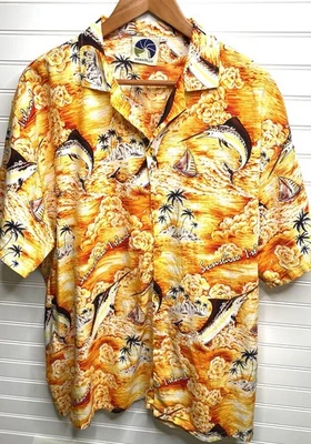 Camisa Hawaiana Armadillo Vintage Sunshine Island Fish & Boats Hombre’s XL Naranja Foto 1 de 4